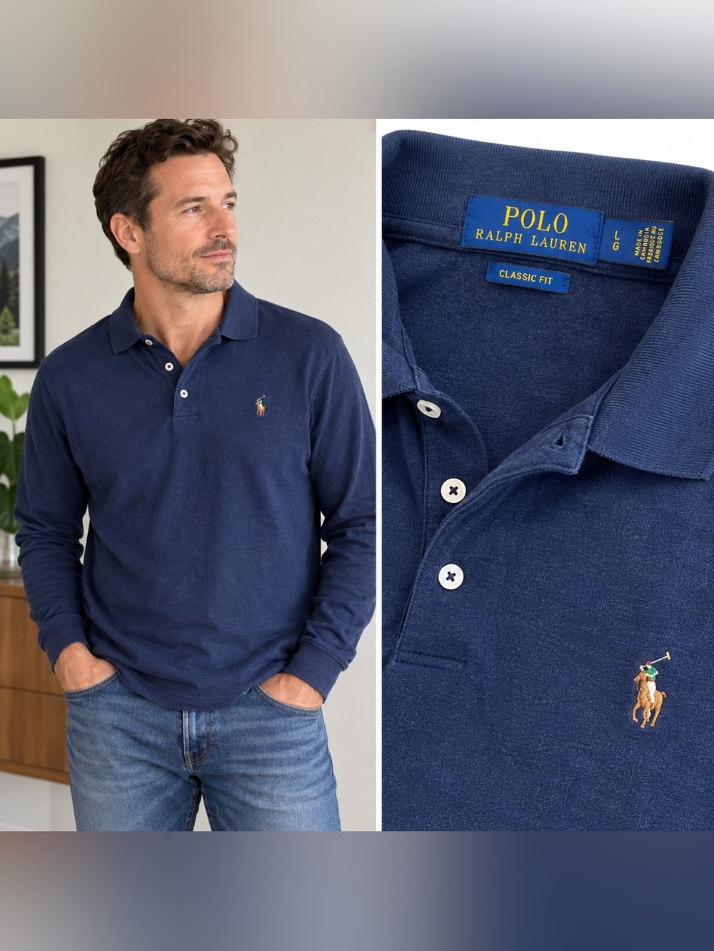 Polo Ralph Lauren Classic Fit Navy Blue Long Sleeve Polo Shirt Men’s L